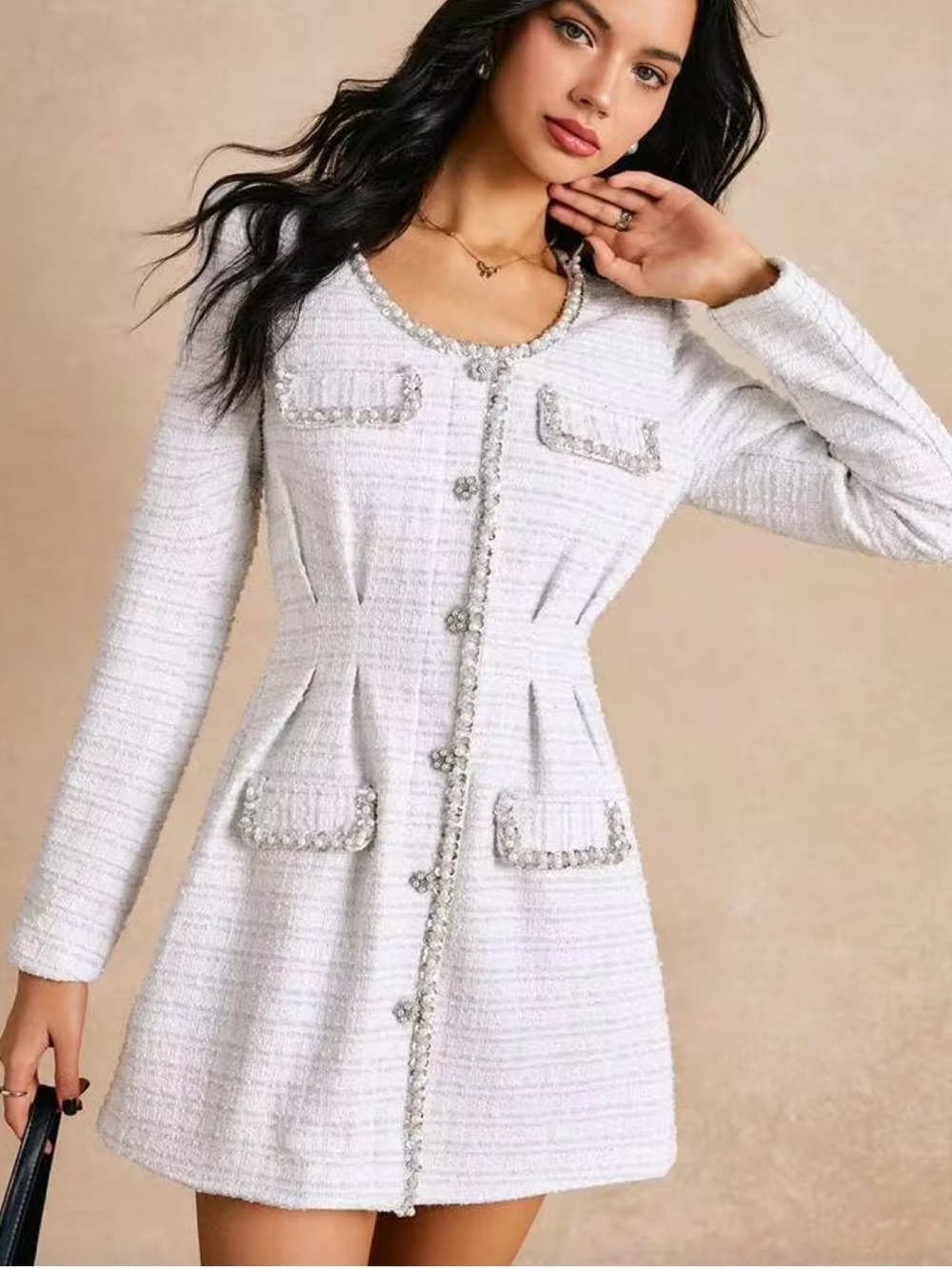 SHEIN Rhinestone Pearl Tweed Dress